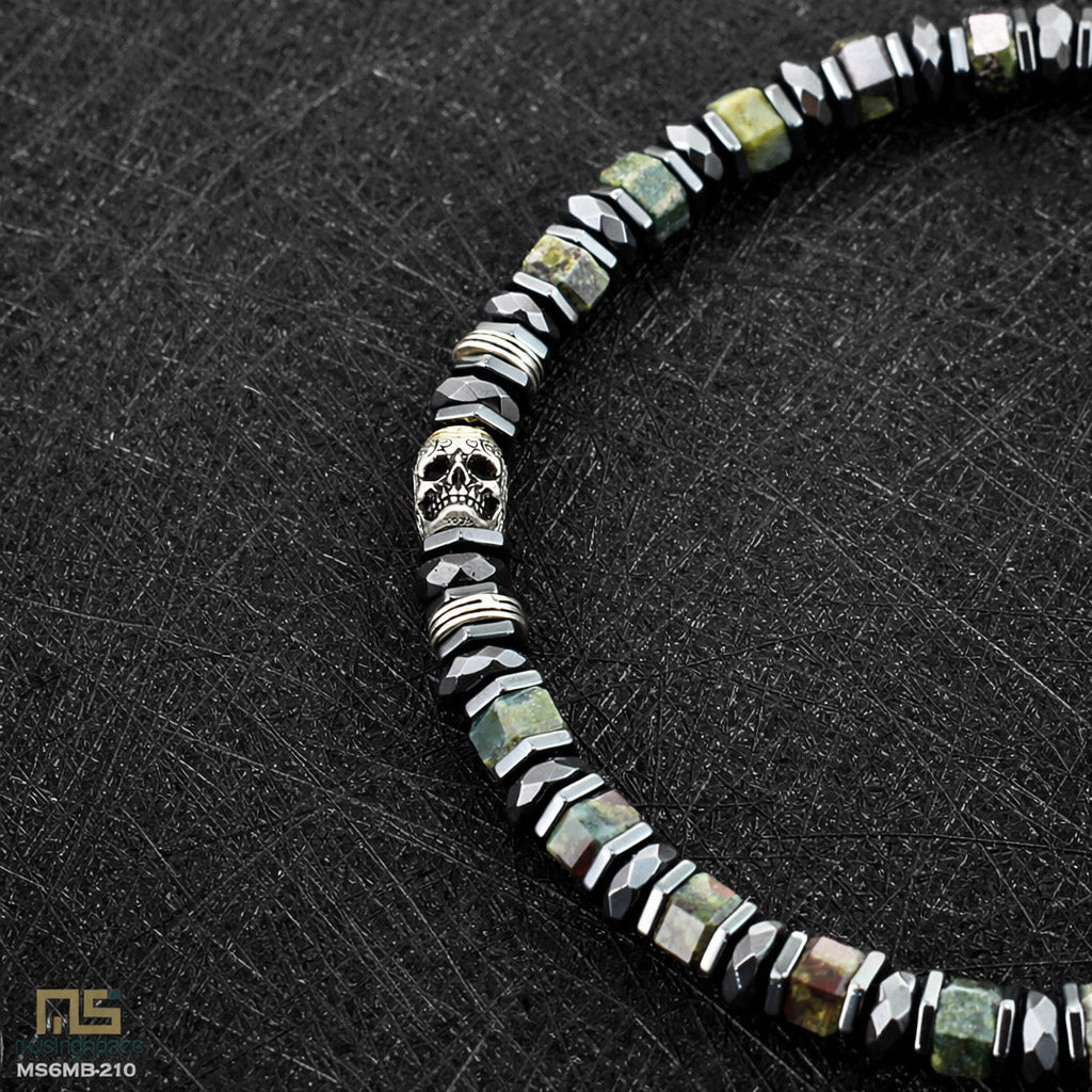 Dragon Blood Jasper Skull Silver - Healing Gemstone Bead Bracelet | 6mm