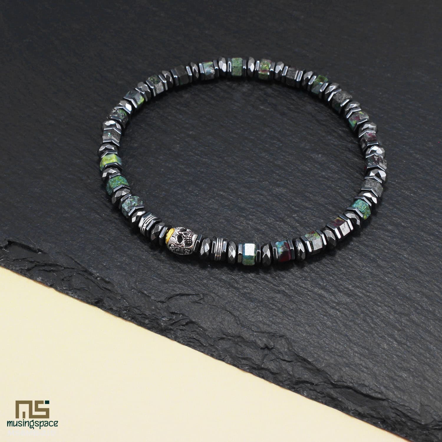 Dragon Blood Jasper Skull Silver - Healing Gemstone Bead Bracelet | 6mm