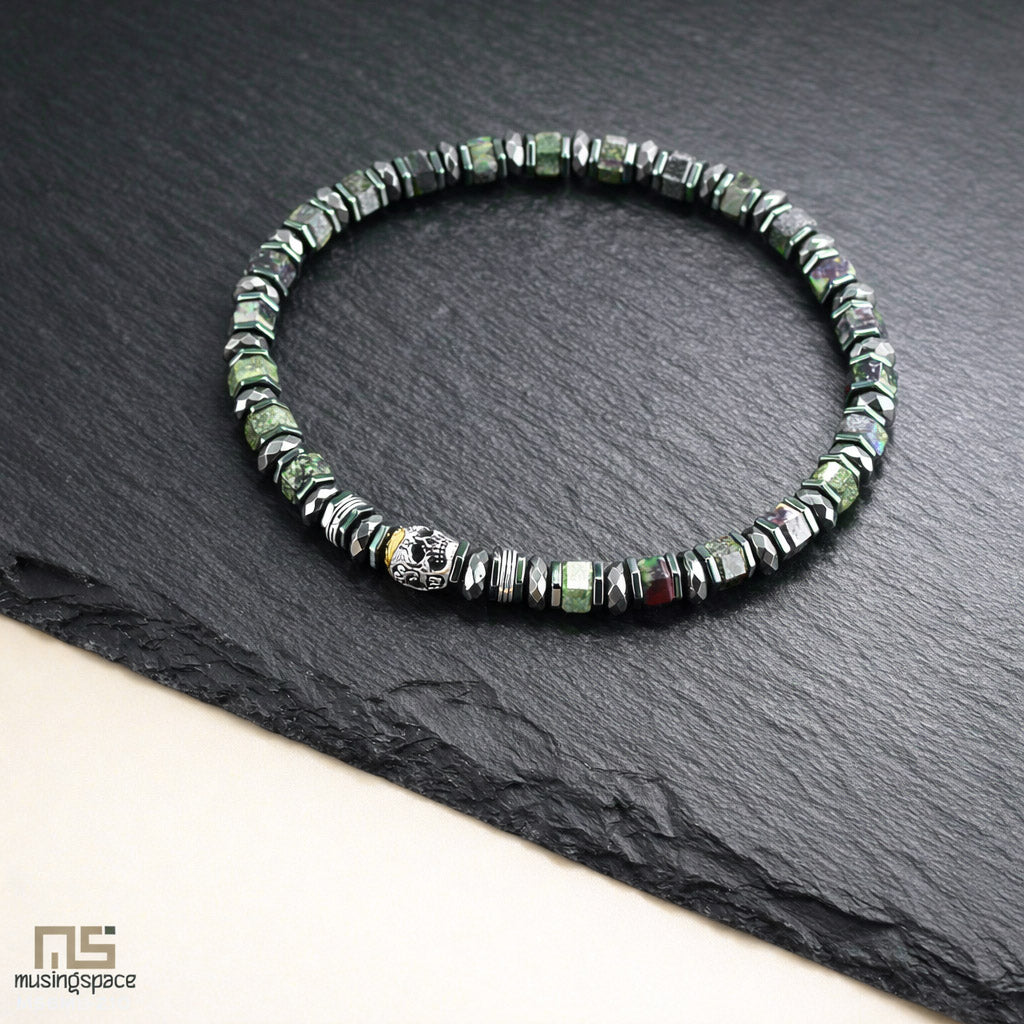 Dragon Blood Jasper Skull Silver - Healing Gemstone Bead Bracelet | 6mm