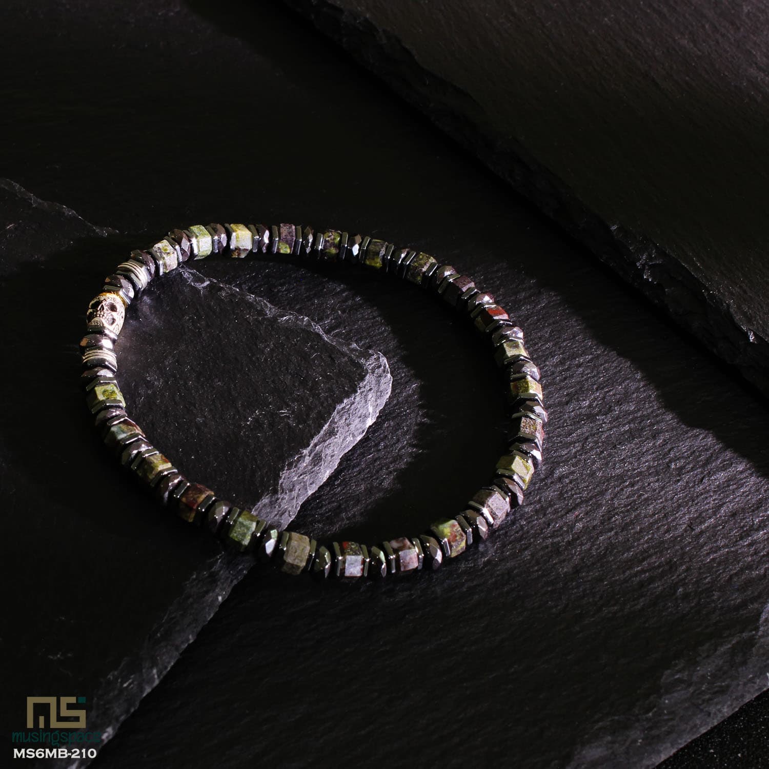 Dragon Blood Jasper Skull Silver - Healing Gemstone Bead Bracelet | 6mm