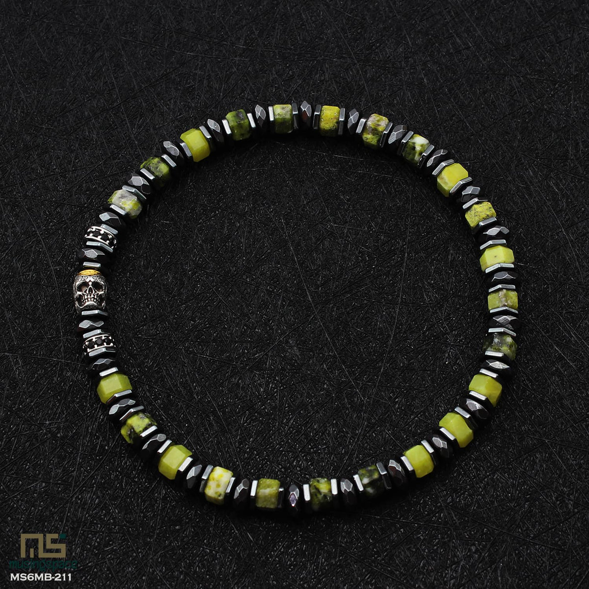 Yellow Turquoise Skull Silver - Healing Gemstone Bead Bracelet | 6mm