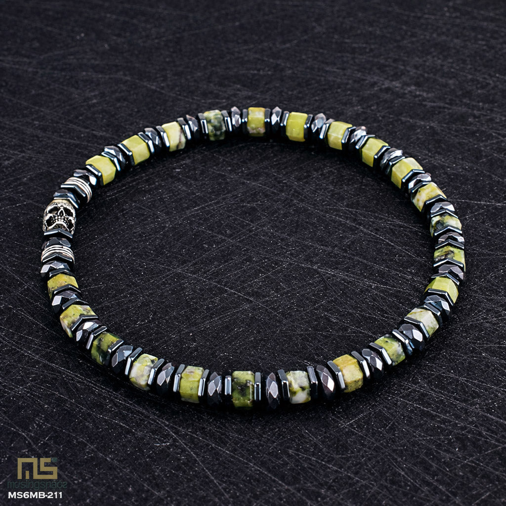 Yellow Turquoise Skull Silver - Healing Gemstone Bead Bracelet | 6mm