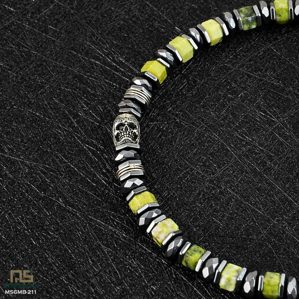 Yellow Turquoise Skull Silver - Healing Gemstone Bead Bracelet | 6mm