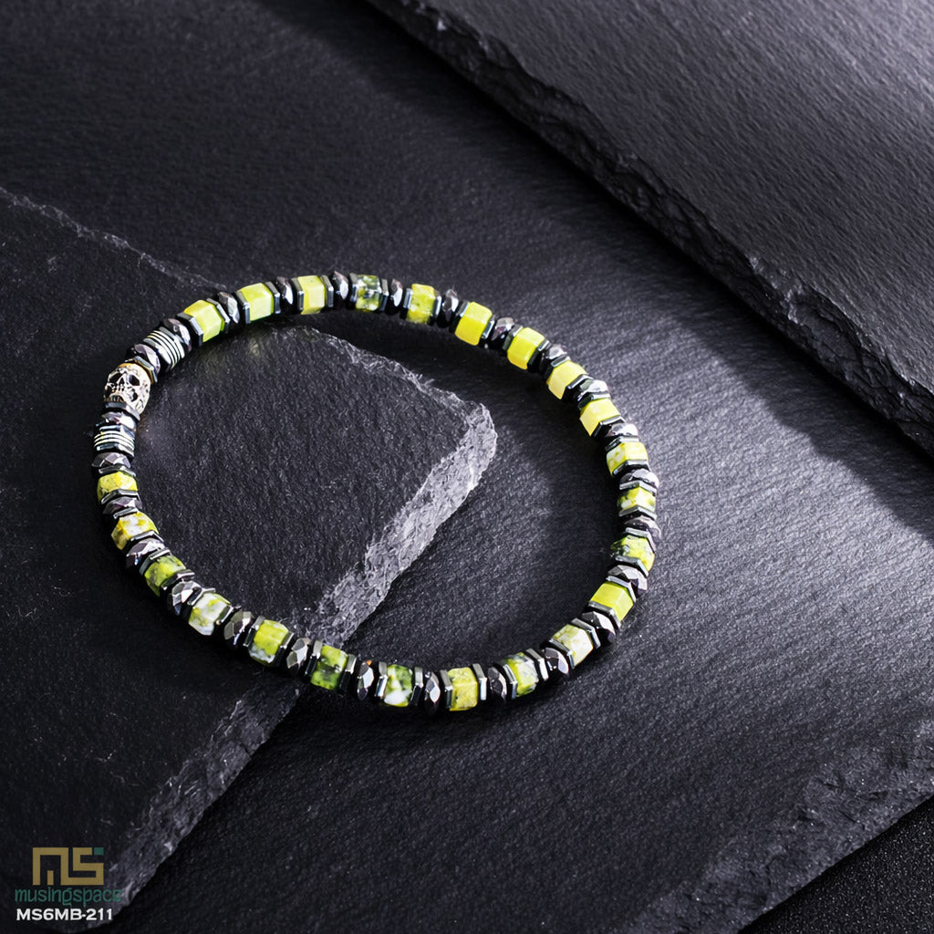 Yellow Turquoise Skull Silver - Healing Gemstone Bead Bracelet | 6mm