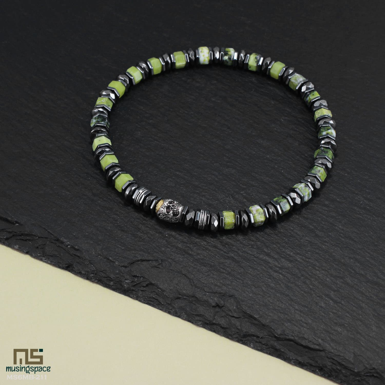 Yellow Turquoise Skull Silver - Healing Gemstone Bead Bracelet | 6mm