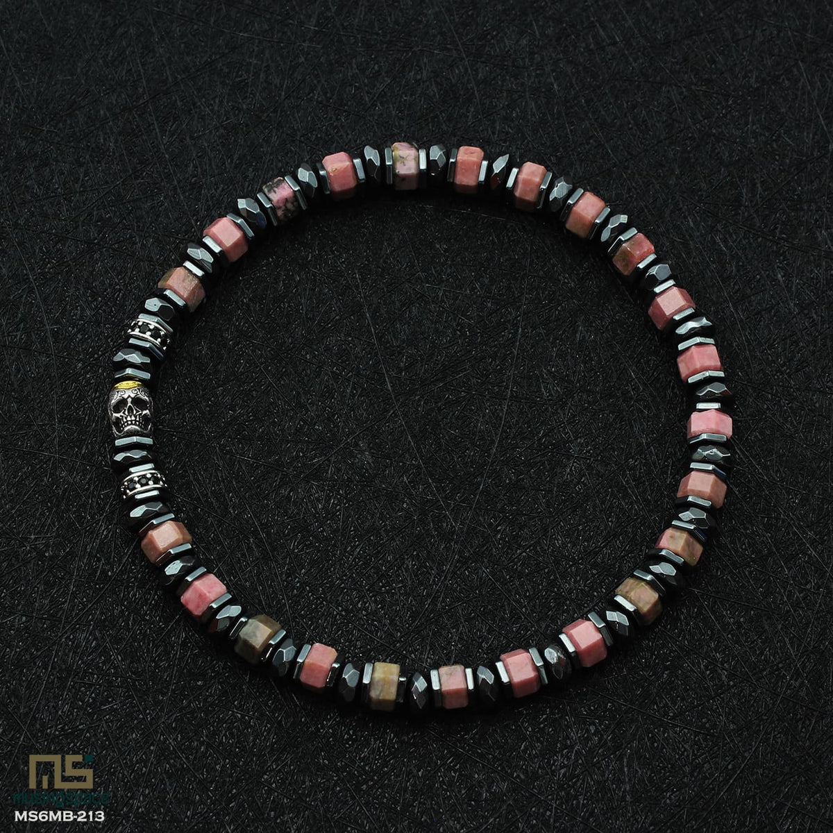 Rhodochrosite Skull Silver - Healing Gemstone Bead Bracelet | 6mm