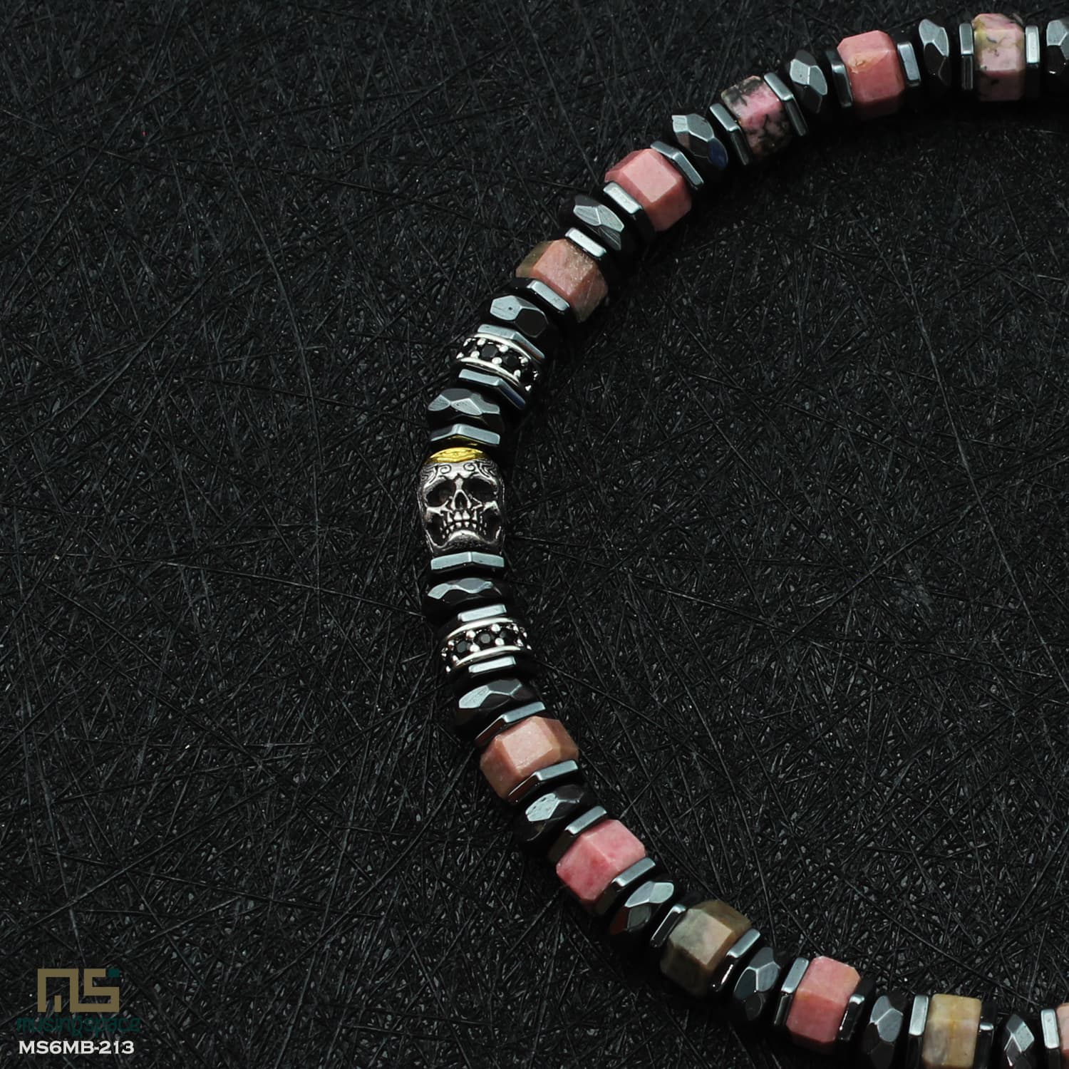 Rhodochrosite Skull Silver - Healing Gemstone Bead Bracelet | 6mm