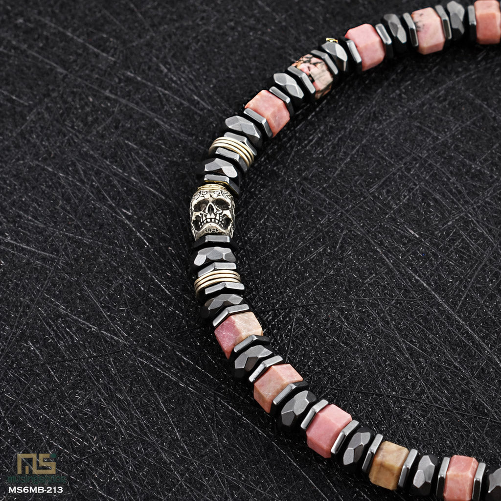 Rhodochrosite Skull Silver - Healing Gemstone Bead Bracelet | 6mm