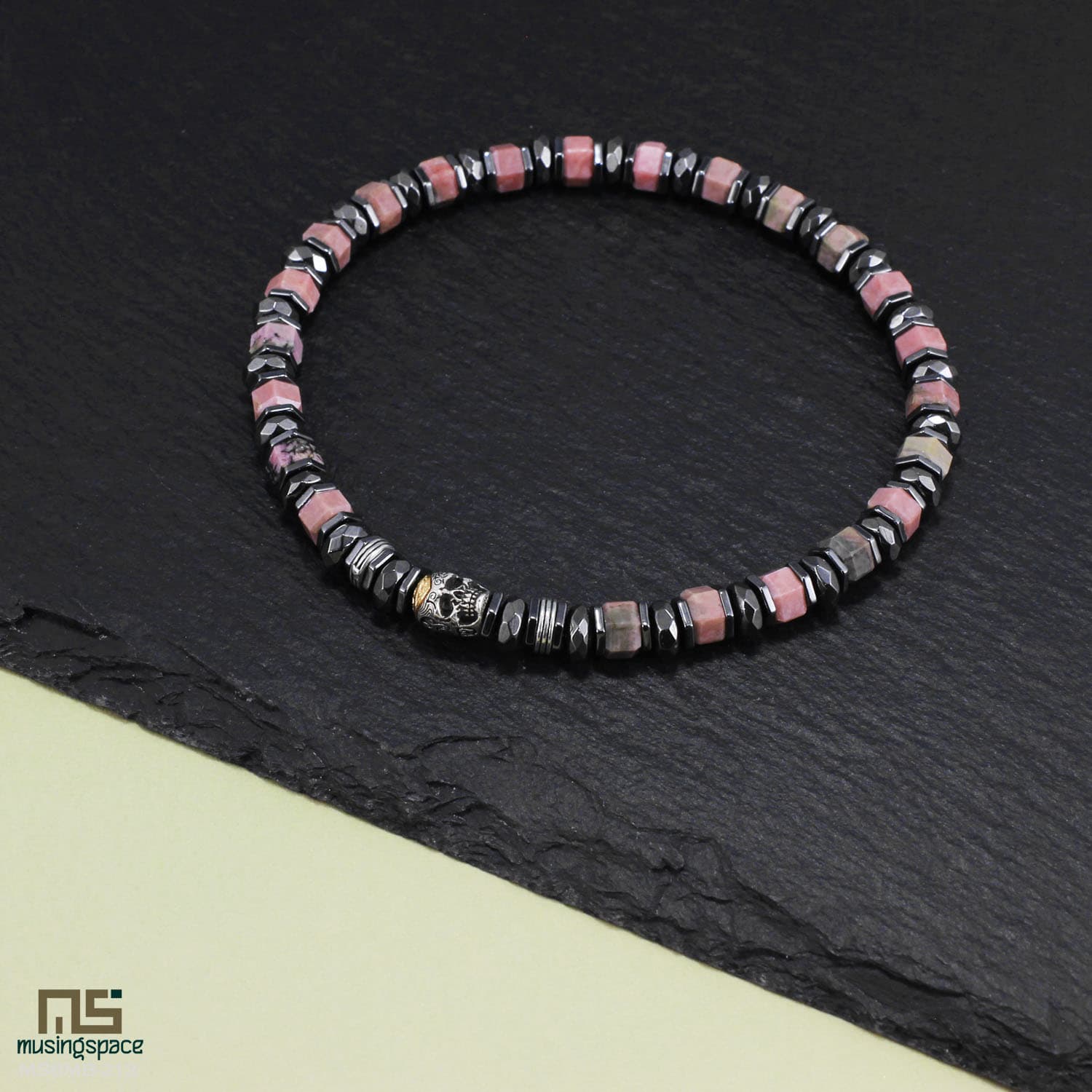 Rhodochrosite Skull Silver - Healing Gemstone Bead Bracelet | 6mm