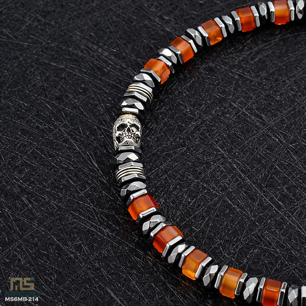 Red Sardonyx Sterling Silver Skull - Healing Gemstone Mens Beaded Bracelets | 6mm