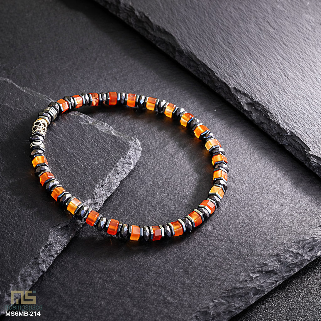 Red Sardonyx Sterling Silver Skull - Healing Gemstone Mens Beaded Bracelets | 6mm