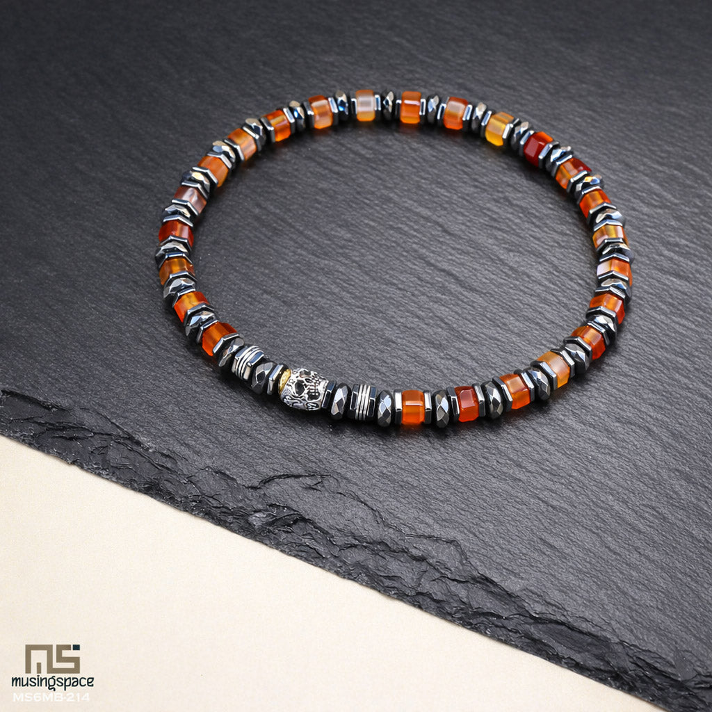 Red Sardonyx Sterling Silver Skull - Healing Gemstone Mens Beaded Bracelets | 6mm