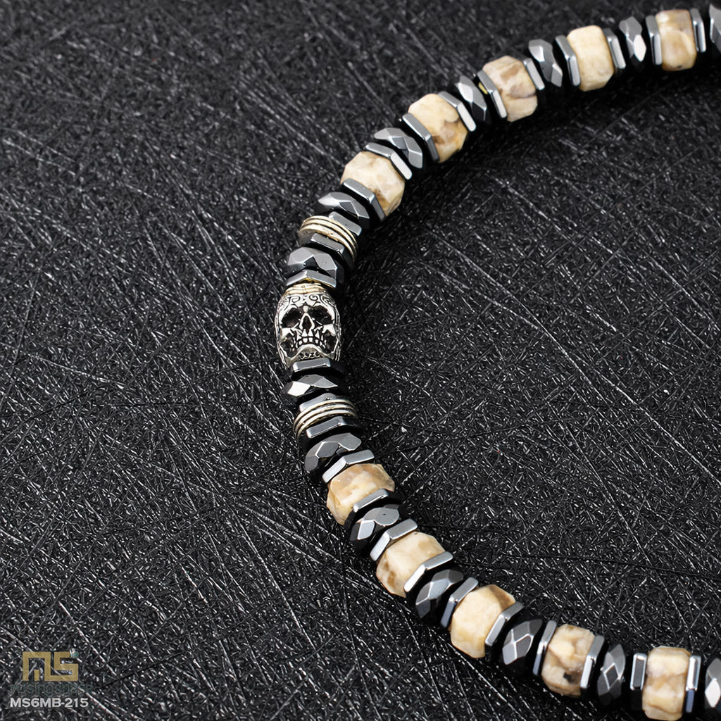 Feldspar Sterling Silver Skull - Healing Gemstone Mens Beaded Bracelets | 6mm
