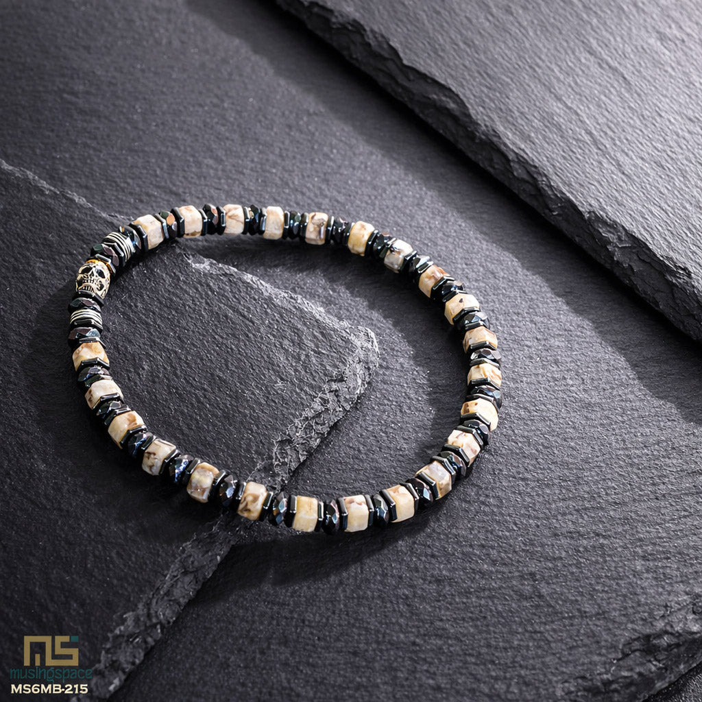 Feldspar Sterling Silver Skull - Healing Gemstone Mens Beaded Bracelets | 6mm