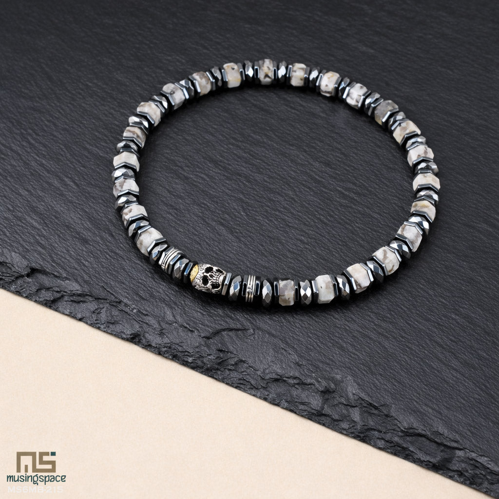 Feldspar Sterling Silver Skull - Healing Gemstone Mens Beaded Bracelets | 6mm