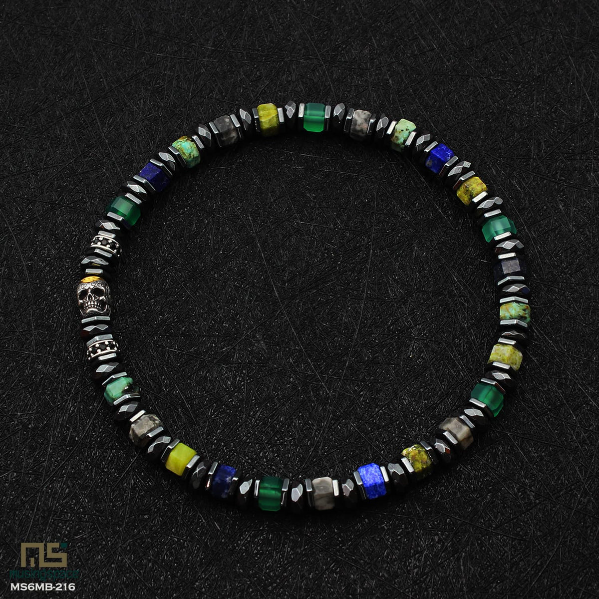 Green Agate, Grey Picture, African, Yellow Turquoise, Lapis Lazuli Beaded Bracelet | 6mm