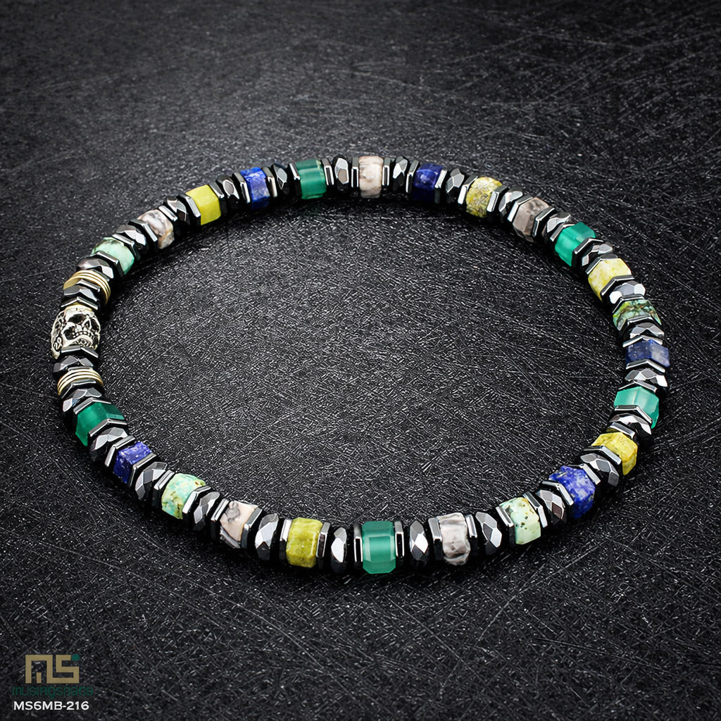 Green Agate, Grey Picture, Yellow Turquoise, Lapis Lazuli Sterling Silver Skull - Healing Gemstone Mens Beaded Bracelets | 6mm