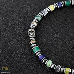 Green Agate, Grey Picture, Yellow Turquoise, Lapis Lazuli Sterling Silver Skull - Healing Gemstone Mens Beaded Bracelets | 6mm