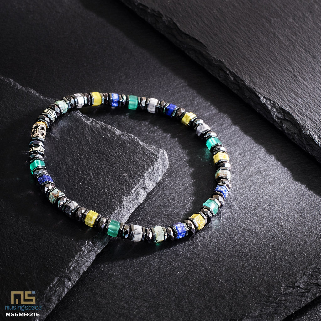 Green Agate, Grey Picture, Yellow Turquoise, Lapis Lazuli Sterling Silver Skull - Healing Gemstone Mens Beaded Bracelets | 6mm