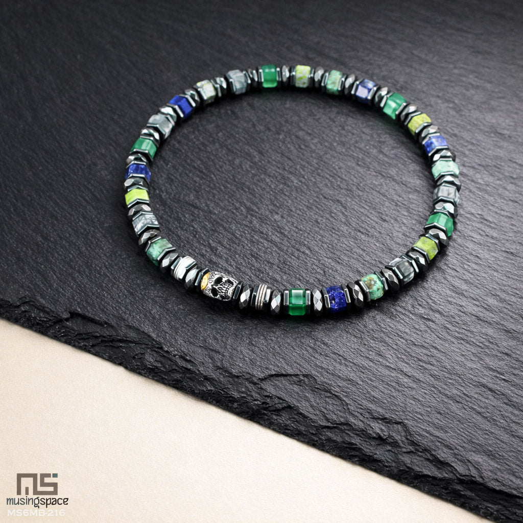 Green Agate, Grey Picture, Yellow Turquoise, Lapis Lazuli Sterling Silver Skull - Healing Gemstone Mens Beaded Bracelets | 6mm