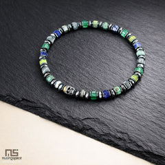 Green Agate, Grey Picture, Yellow Turquoise, Lapis Lazuli Sterling Silver Skull - Healing Gemstone Mens Beaded Bracelets | 6mm