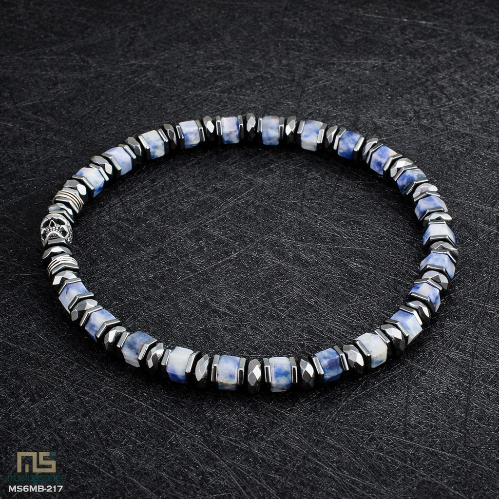 Blue Spot Jasper Sterling Silver Skull - Healing Gemstone Mens Beaded Bracelets | 6mm