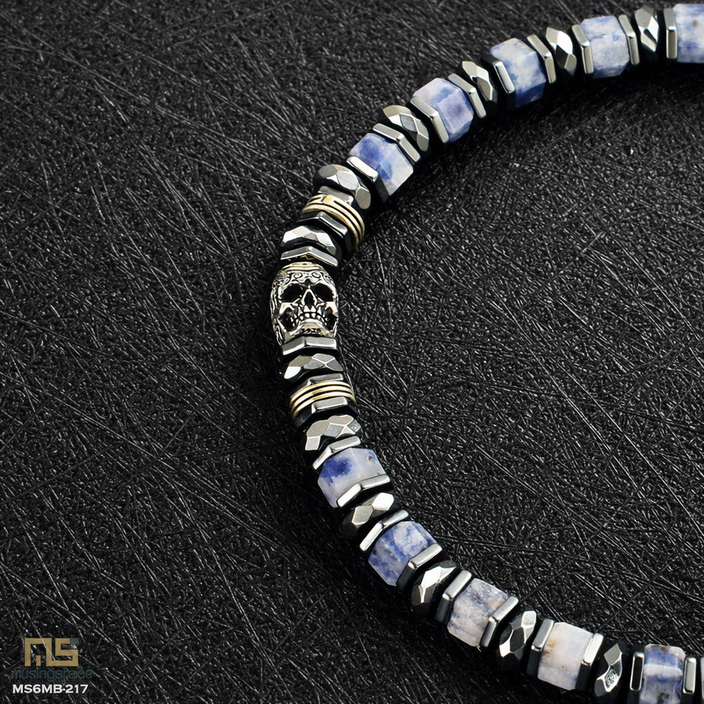 Blue Spot Jasper Sterling Silver Skull - Healing Gemstone Mens Beaded Bracelets | 6mm
