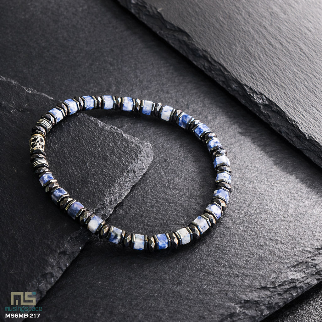 Blue Spot Jasper Sterling Silver Skull - Healing Gemstone Mens Beaded Bracelets | 6mm