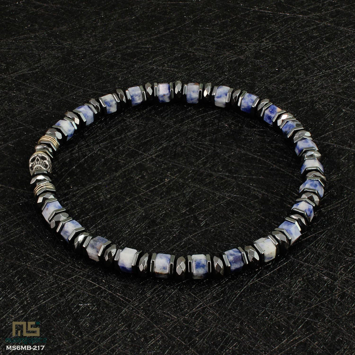 Blue Spot Jasper Skull Silver - Healing Gemstone Bead Bracelet | 6mm