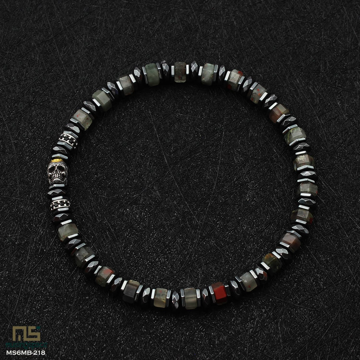 African Bloodstone Skull Silver - Healing Gemstone Bead Bracelet | 6mm