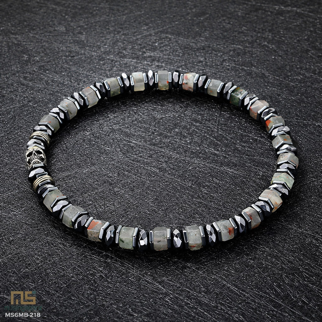 African Bloodstone Sterling Silver Skull - Healing Gemstone Mens Beaded Bracelets | 6mm