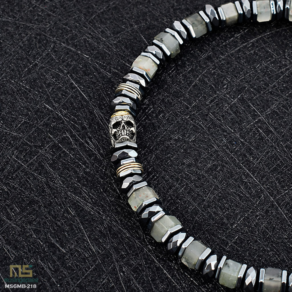 African Bloodstone Sterling Silver Skull - Healing Gemstone Mens Beaded Bracelets | 6mm