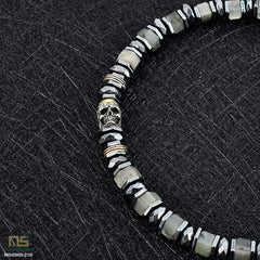 African Bloodstone Sterling Silver Skull - Healing Gemstone Mens Beaded Bracelets | 6mm