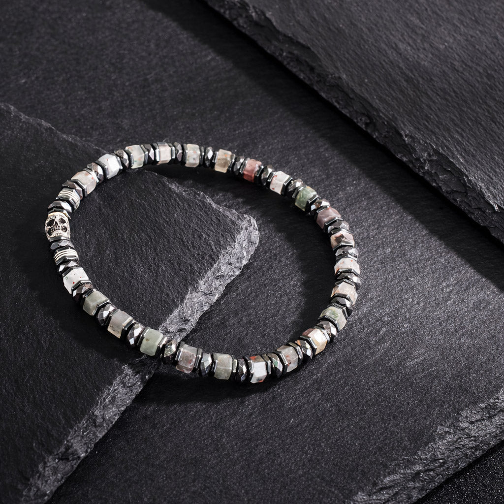 African Bloodstone Sterling Silver Skull - Healing Gemstone Mens Beaded Bracelets | 6mm