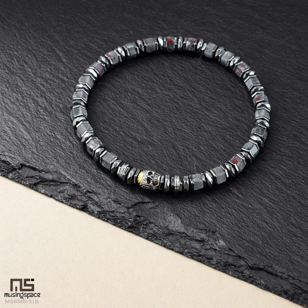 African Bloodstone Sterling Silver Skull - Healing Gemstone Mens Beaded Bracelets | 6mm