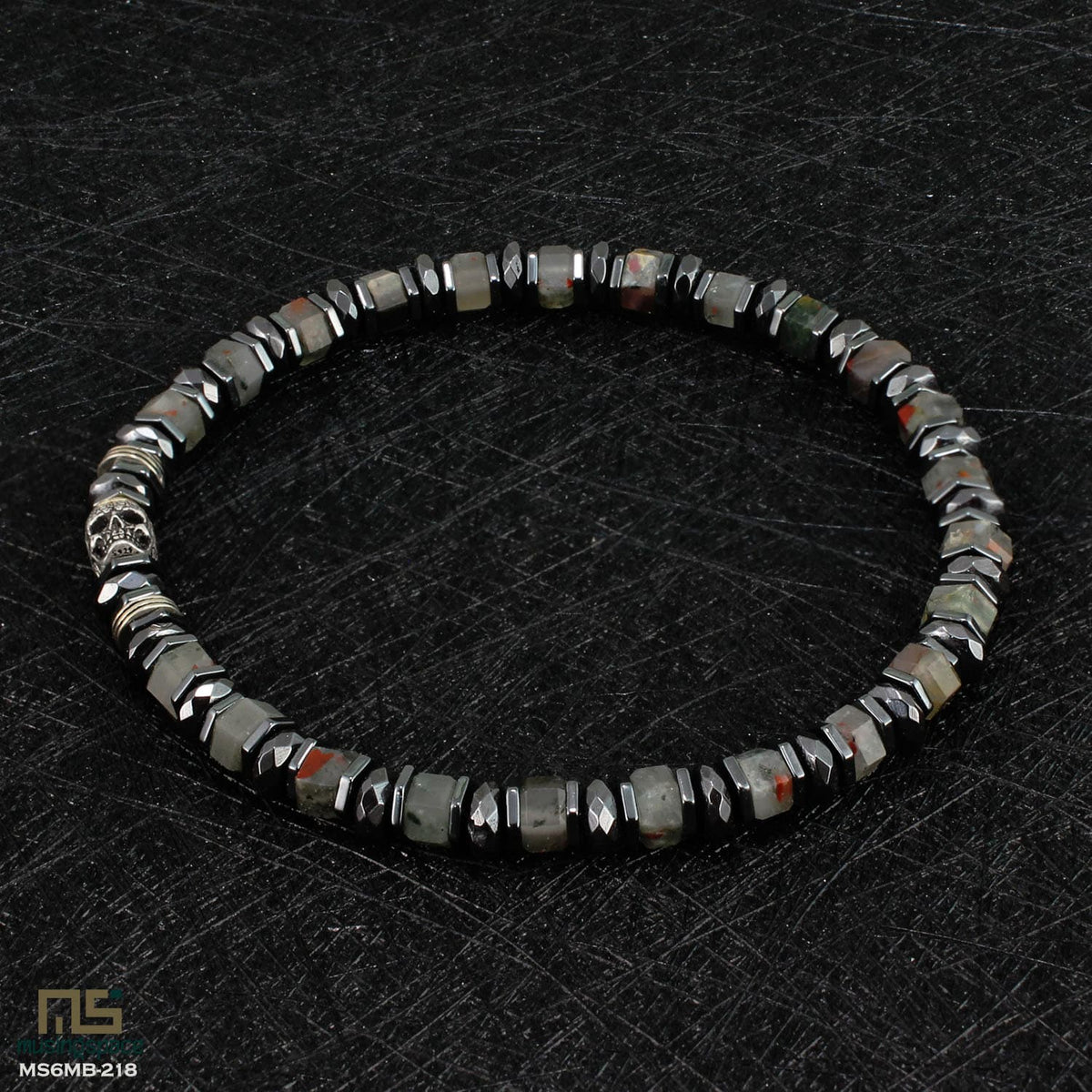 African Bloodstone Skull Silver - Healing Gemstone Bead Bracelet | 6mm